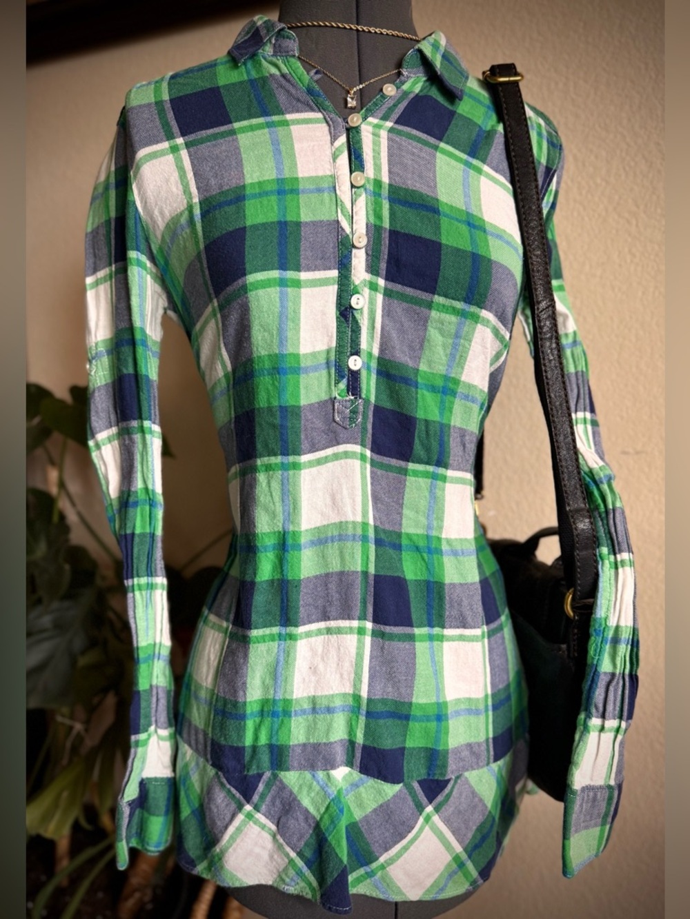Vintage AEO Y2K Green White Plaid Mini Dress Tunic Henley Button Down Shirt 4 S